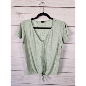 W5 Women's Green Solid V-Neck Ruffle Short Sleeve Crochet‎ Blouse Top Size XL